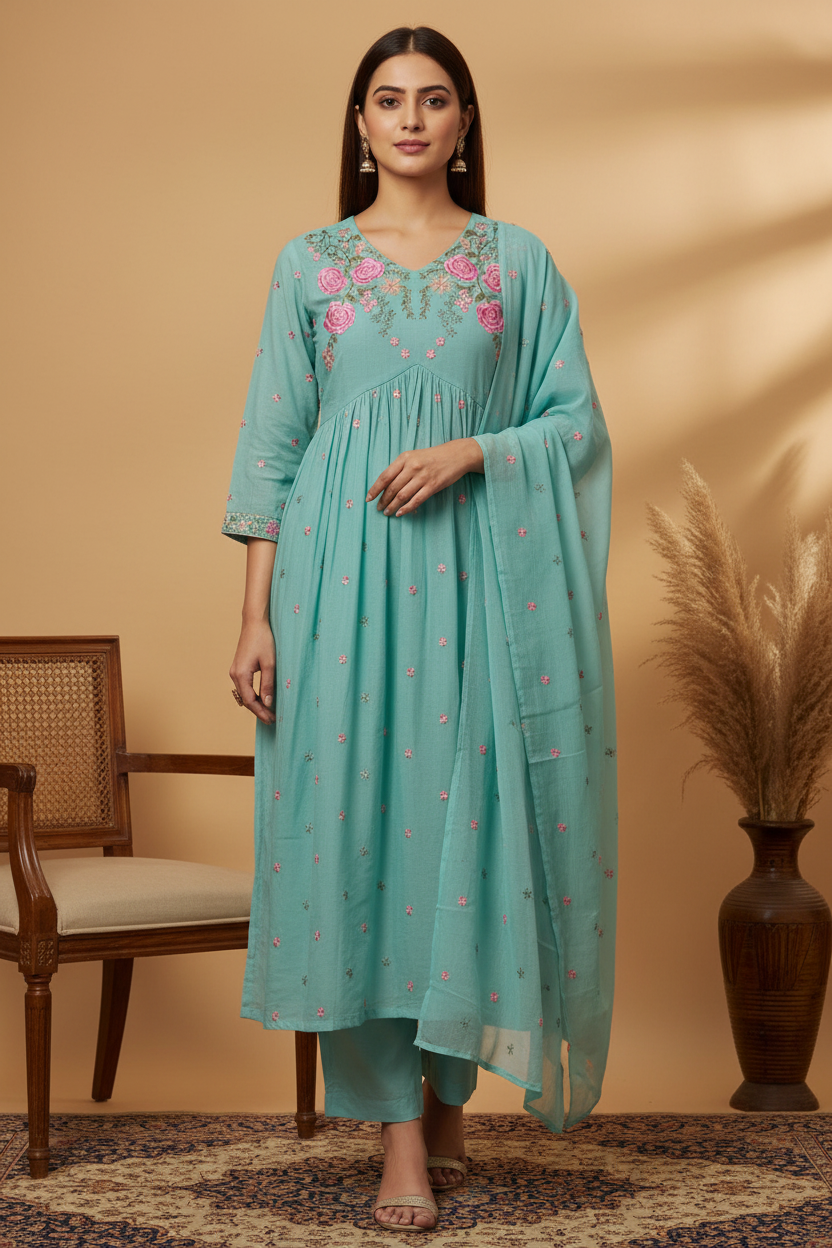 Aqua Teal Butti Kurta - Pink Rose Floral V-Neckline Embroidery, Gathered Smocked Chest Panel, Pink Cuff Border, Smocked Pants & Dupatta