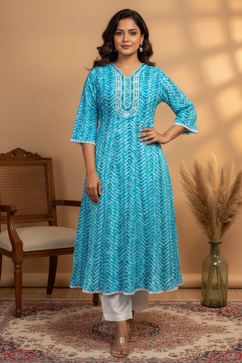 Aqua Turquoise Leheriya Kurta with Triple U Embroidery & White Pants