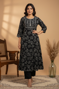 Black Chikankari Print Kurta with Square Zardozi Yoke - Straight Sleeves & Plain Black Pants