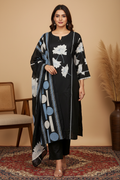 Black Lotus Kurta with Full Print, Dupatta & Plain Black Pants