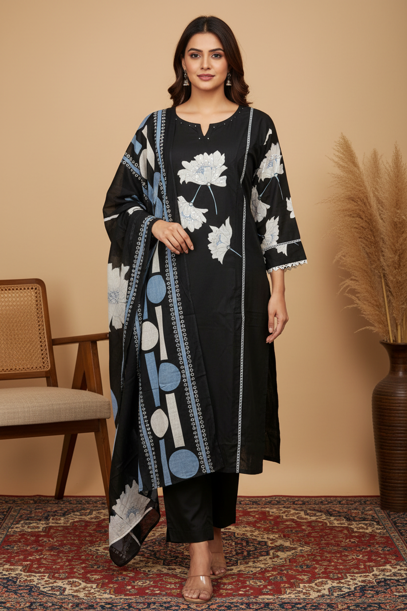 Black Lotus Kurta with Full Print, Dupatta & Plain Black Pants