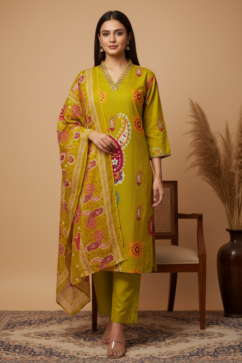 Chartreuse Lime Kurta Set - Exact Pattern Replicated