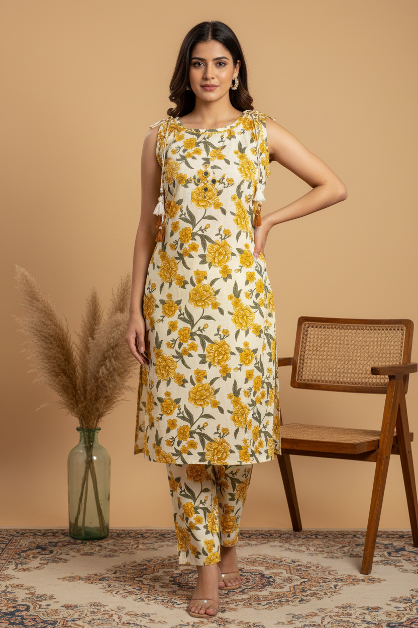 Cream Golden Marigold Floral Kurta Pant Set - Studio Shot