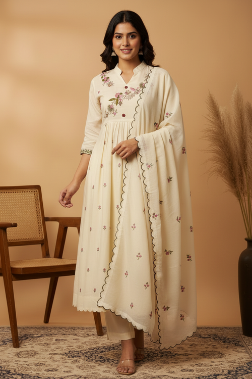 Cream Mul Chanderi Kurta Set - Complete with Scalloped Dupatta & Plain Pants