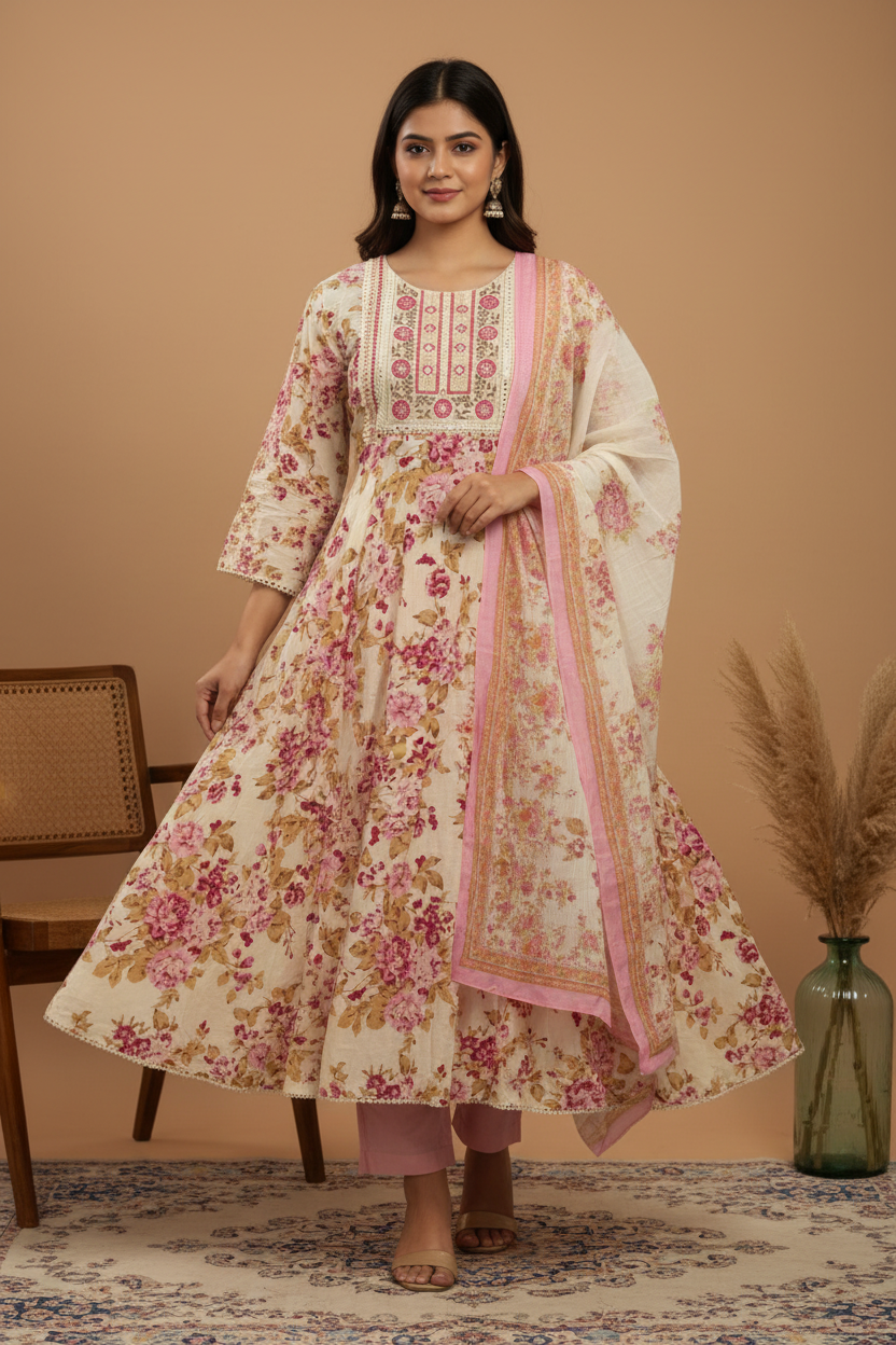 Cream Pink Rose Floral Anarkali with Pink Dupatta & Plain Pink Pants
