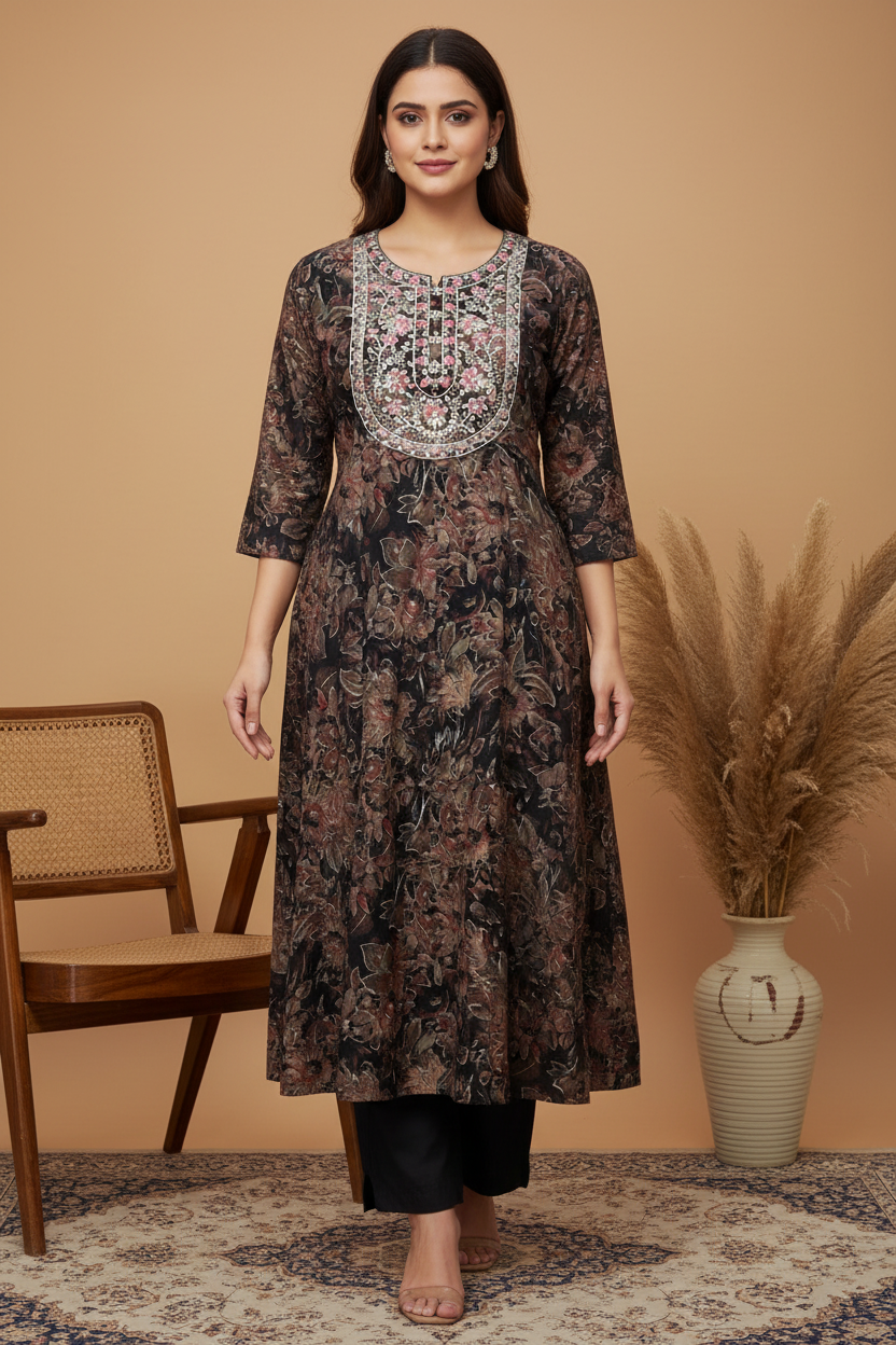 Dark Floral Zardozi Bib Kurta - Straight Sleeves with Plain Black Pants