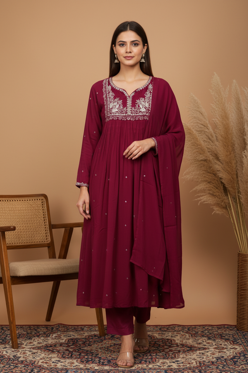 Dark Pink Magenta Zardozi Peacock Kurta Set