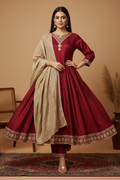 Deep Crimson Umbrella Cut Kurta - Gold Zardozi Neckline, Single Kundan Medallion, Solid Champagne Dupatta