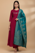 Deep Magenta Pure Silk Anarkali - Scattered Gold Dots, Teal Kundan Floral Garland, Teal Banarasi Brocade Dupatta