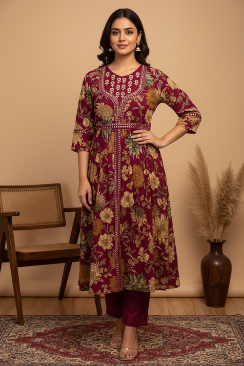 Deep Magenta Tropical Floral Kurta - White Chikankari Yoke, Mirror Belt, Ankle Length with Plain Pants