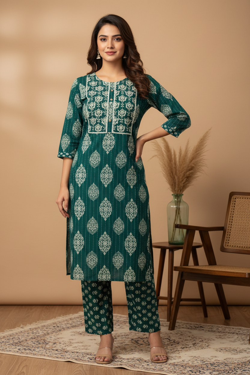Deep Teal Ikat Medallion Kurta with Matching Small Print Pants
