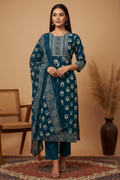 Deep Teal Ikat Sunflower Kurta with Dupatta & Plain Teal Pants - Below Calf Length
