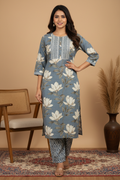 Dusty Blue Grey Magnolia Floral Kurta with Geometric Diamond Ikat Pants