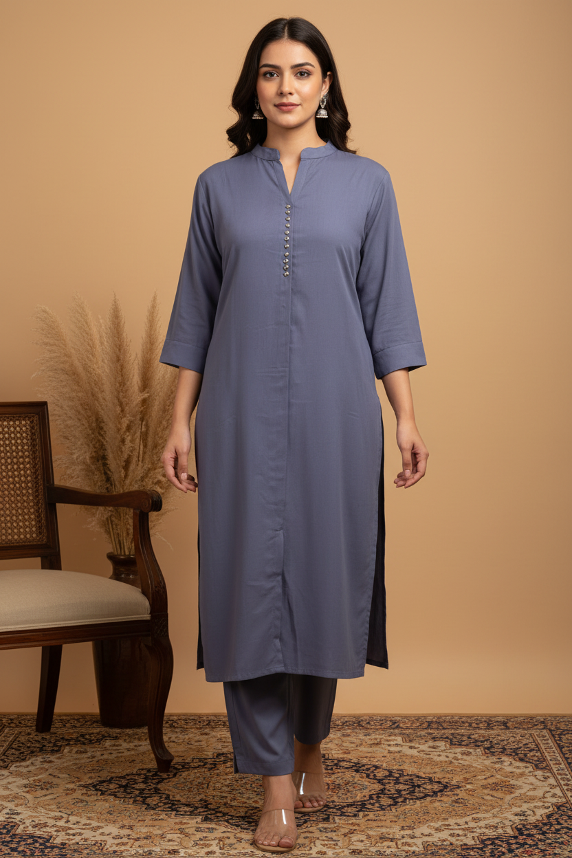 Dusty Slate Blue Straight Sleeve Kurta - Corrected Calf Length with Silver Button Placket & Plain Pants