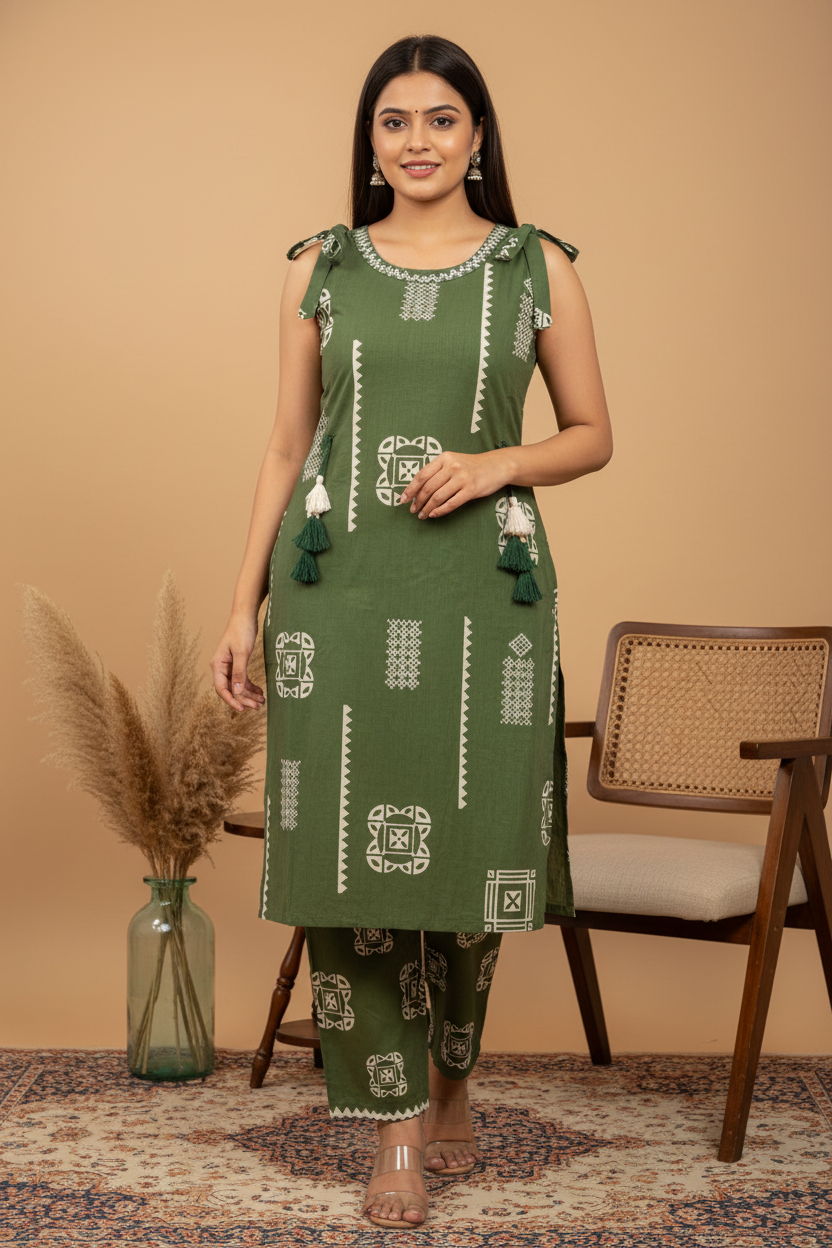 Forest Green Tribal Geometric Kurta Pant Set