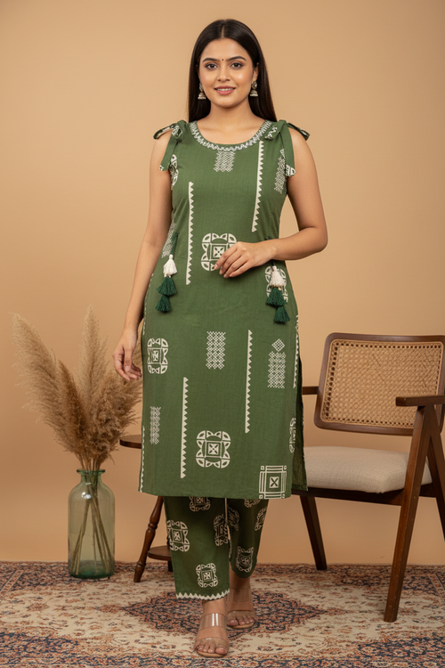 Forest Green Tribal Geometric Kurta Pant Set