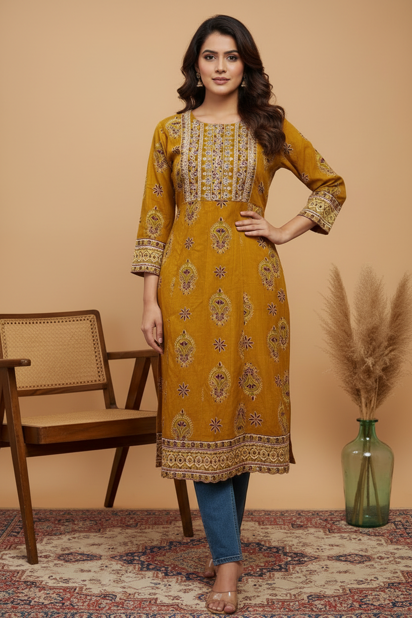 Golden Mustard Chikankari Kurta with Blue Jeans - Studio Shot