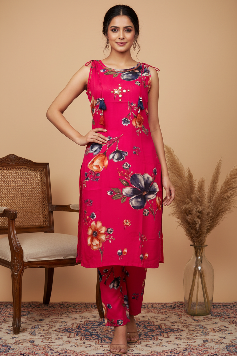 Hot Pink Fuchsia Floral Kurta Pant Set - Studio Shot
