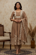 Mocha Brown Chikankari Square Yoke Kurta Set with Dupatta & Plain Pants