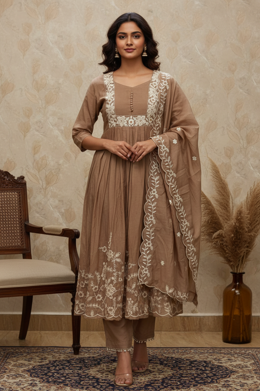 Mocha Brown Chikankari Square Yoke Kurta Set with Dupatta & Plain Pants
