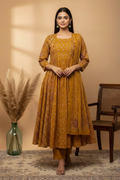 Mustard Yellow Anarkali with Printed Pants