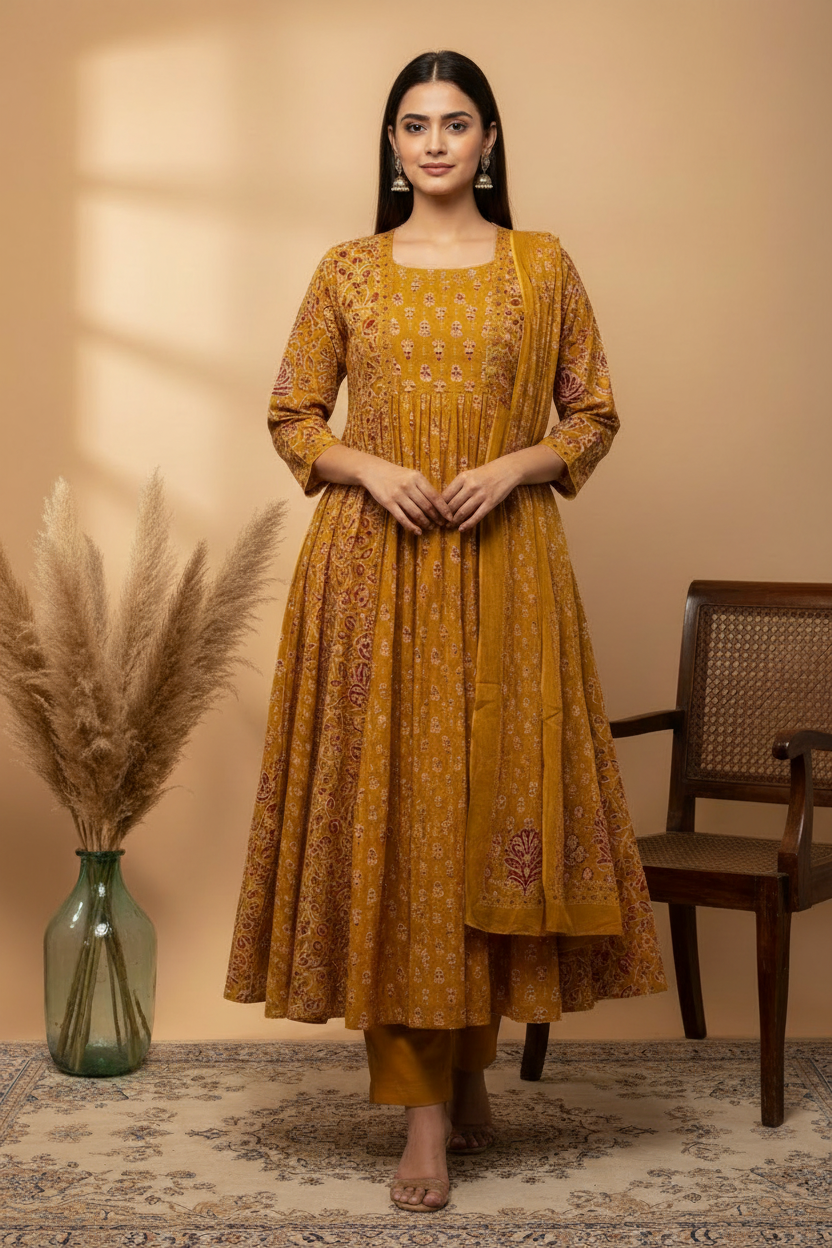 Mustard Yellow Anarkali with Printed Pants