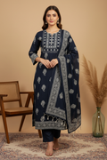 Navy Blue Chikankari Paisley Kurta with Dupatta & Plain Navy Pants