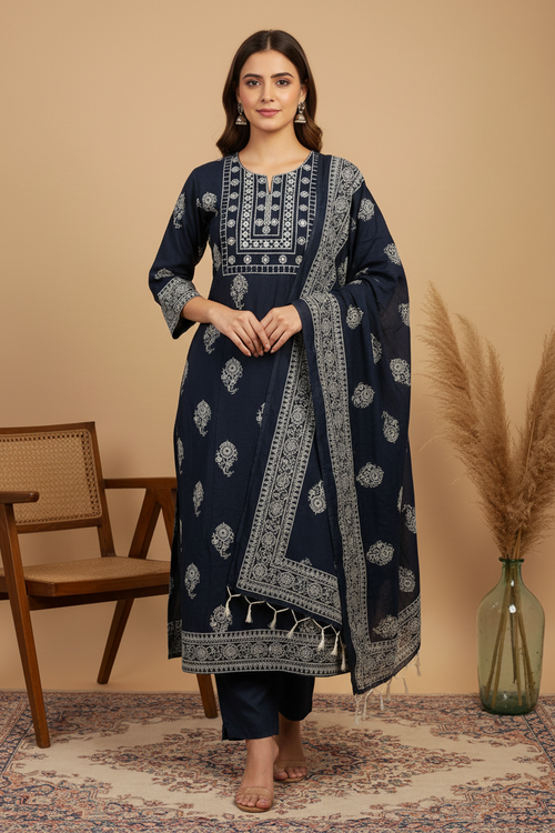 Navy Blue Chikankari Paisley Kurta with Dupatta & Plain Navy Pants