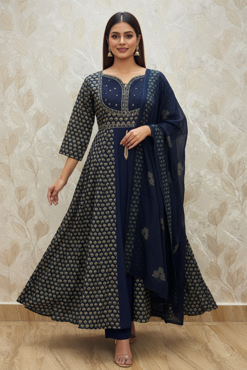 Navy Blue Cotton Butti Anarkali - Sweetheart Kantha Yoke, Gold Mirror Belt, Zari Feather Motif, Plain Navy Pants & Dupatta