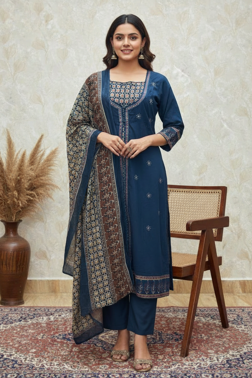 Navy Blue Long Kurta with Plain Pants