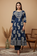 Navy Blue Mandala Print Kurta with Multicolor Zardozi U-Bib - Straight Sleeves & Plain Navy Pants