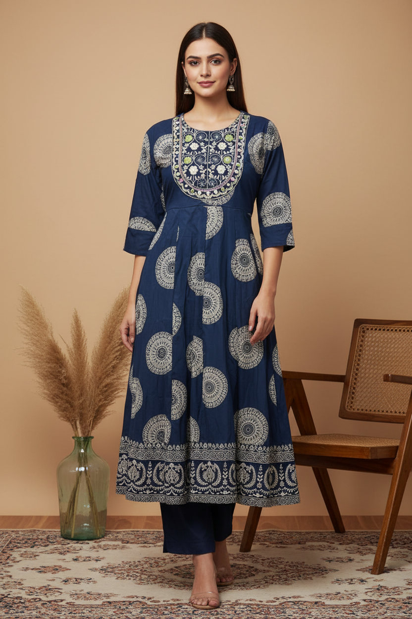 Navy Blue Mandala Print Kurta with Multicolor Zardozi U-Bib - Straight Sleeves & Plain Navy Pants