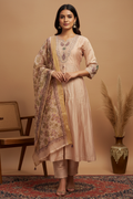Rose Gold Champagne Silk Kurta - Center Front Slit, Zardozi Medallion Panel, Smocked Pants & Floral Dupatta