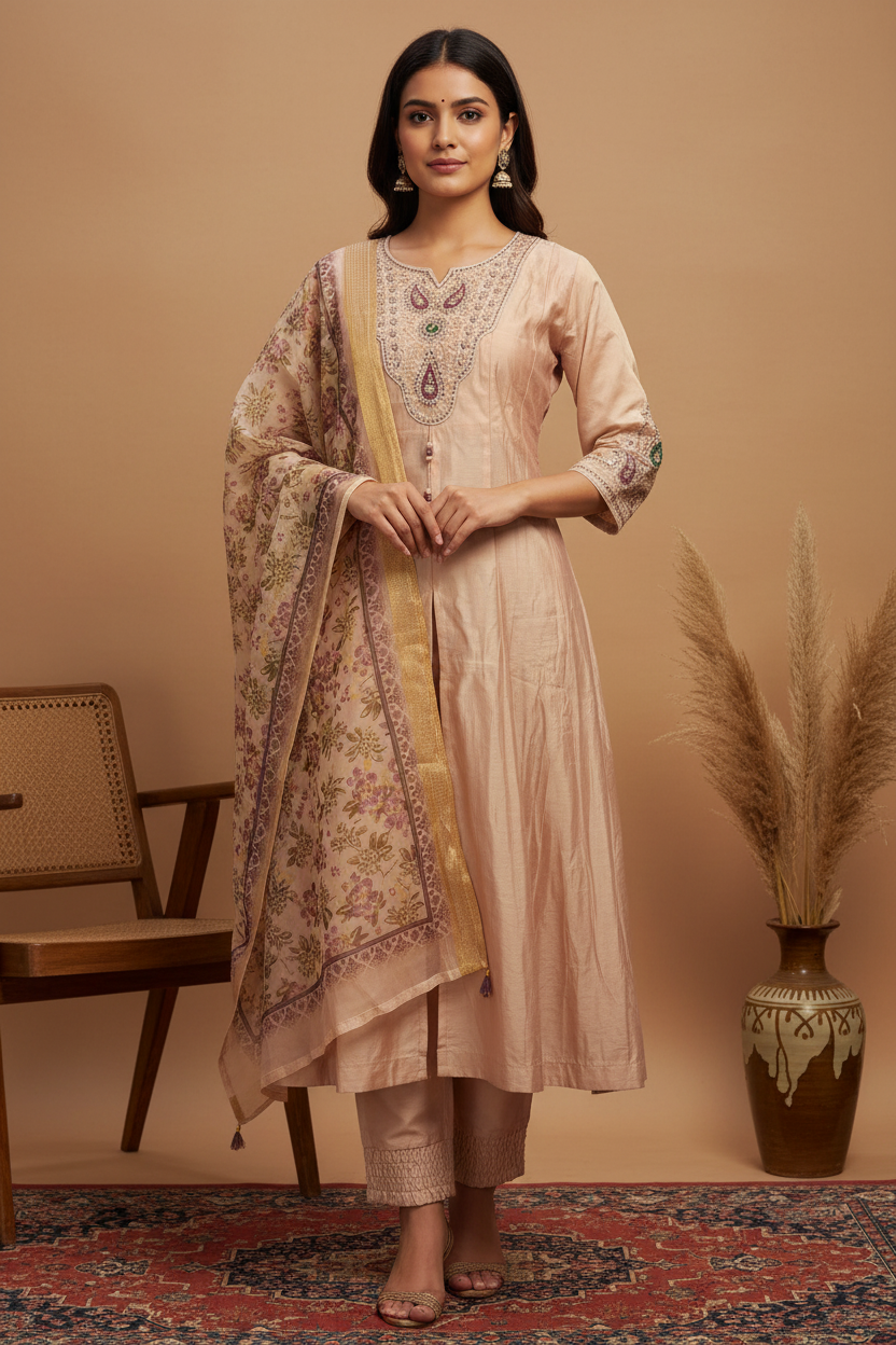 Rose Gold Champagne Silk Kurta - Center Front Slit, Zardozi Medallion Panel, Smocked Pants & Floral Dupatta
