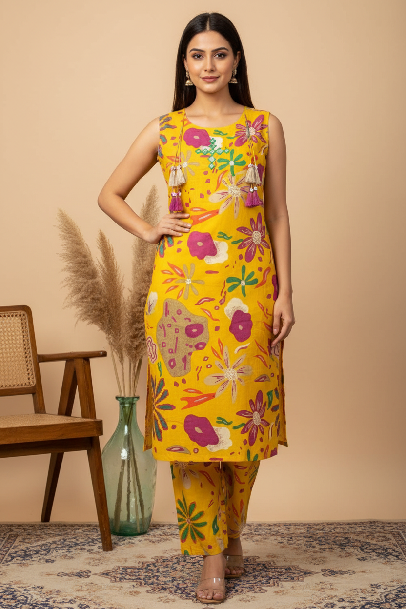 Sunshine Yellow Floral Kurta Pant Set - Studio Shot