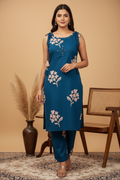Teal Blue Cherry Blossom Kurta Pant Set