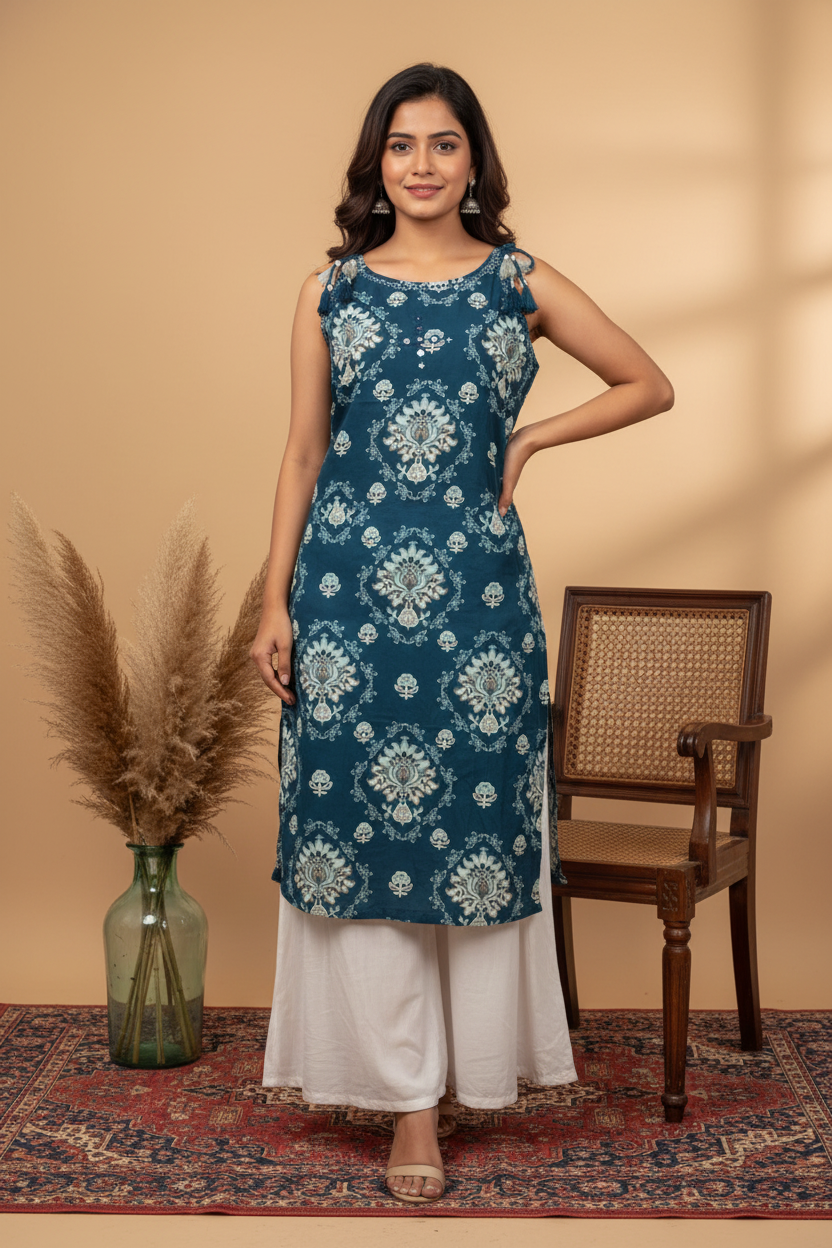 Teal Kurti Top with White Palazzo