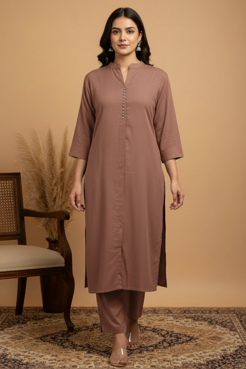 Warm Mocha Brown Straight Sleeve Kurta - Same Design Different Color