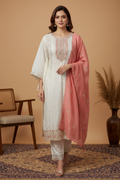 White Chanderi Batwing Kurta - Rose Gold Zardozi Chest Panel, Gold Sequin Lace Trim, Blush Pink Dupatta