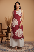 Wine Maroon Floral Kurti with White Palazzo