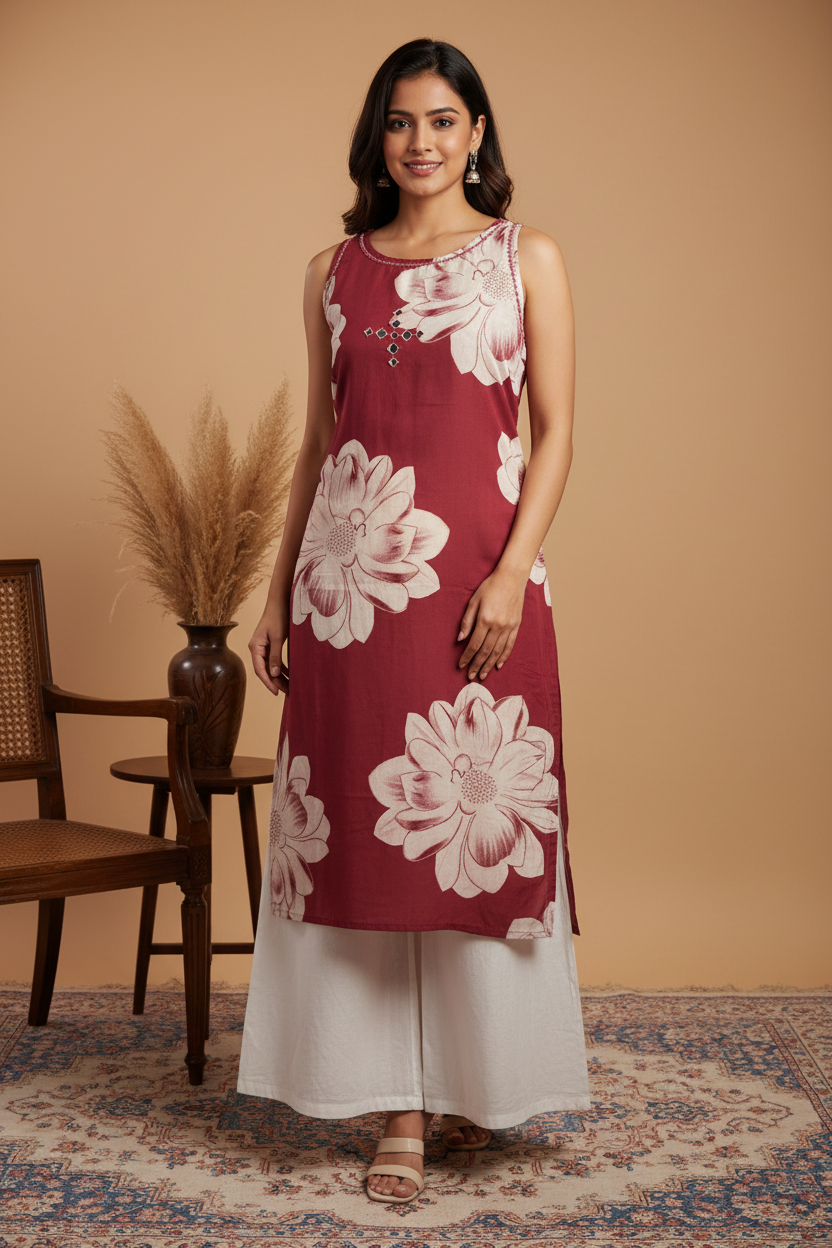 Wine Maroon Floral Kurti with White Palazzo